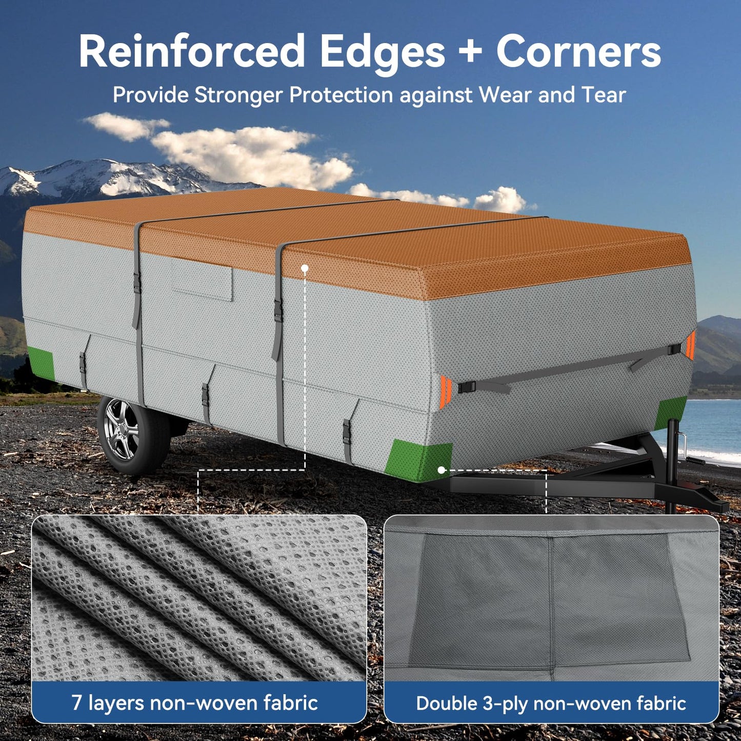 Tuszom 7 Layers Pop Up Camper Cover, Waterproof Folding Camping Trailer Cover for Winter Snow Upgraded Tearproof RV Cover with Windproof 5+2 Straps (7 Layers Non-Woven Fabric, 14'-16' Length), Gray