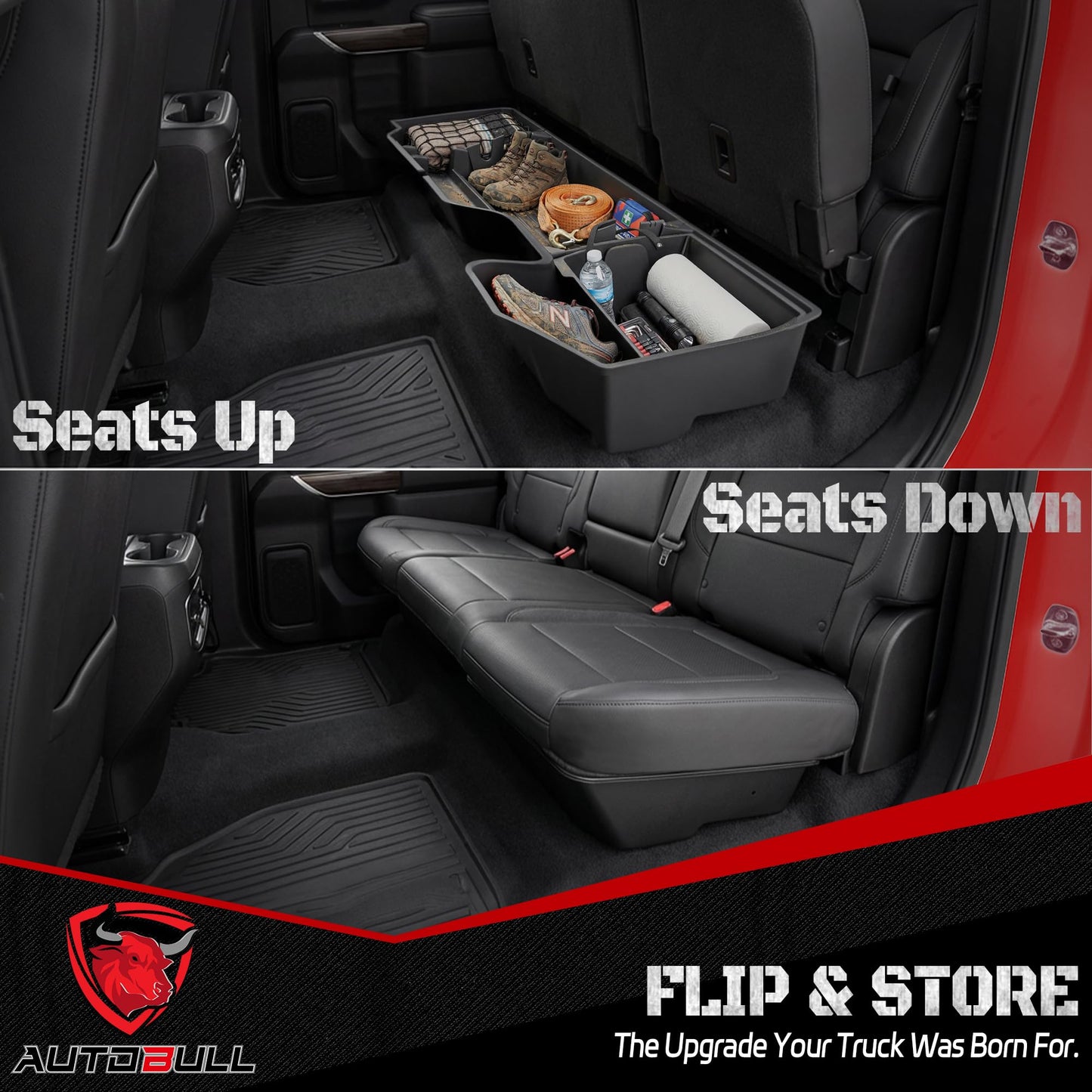 AutoBull Rear Underseat Storage Box For 2019-2026 Chevy Silverado/GMC Sierra 1500,Chevrolet Silverado/Sierra 2500HD 3500HD Double Cab &Crew Cab 2020-2026,Under Seat Storage Organizer w Bin & Mesh Net