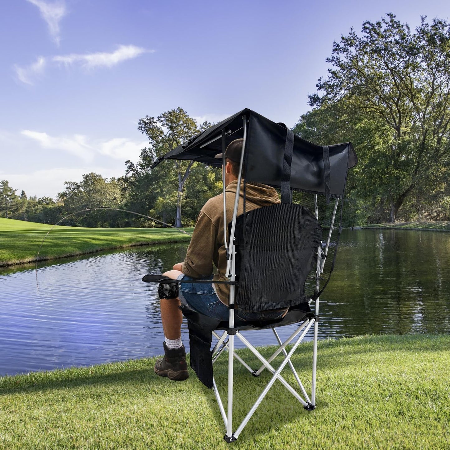 CAMP SOLUTIONS Portable Camping Chair with Canopy Shade- Folding Camping Lounge Chair with Cup Holder & Side Pocket for Outdoor Camping, Fishing, Beach - Support 330 LBS(BLACK-2PK)