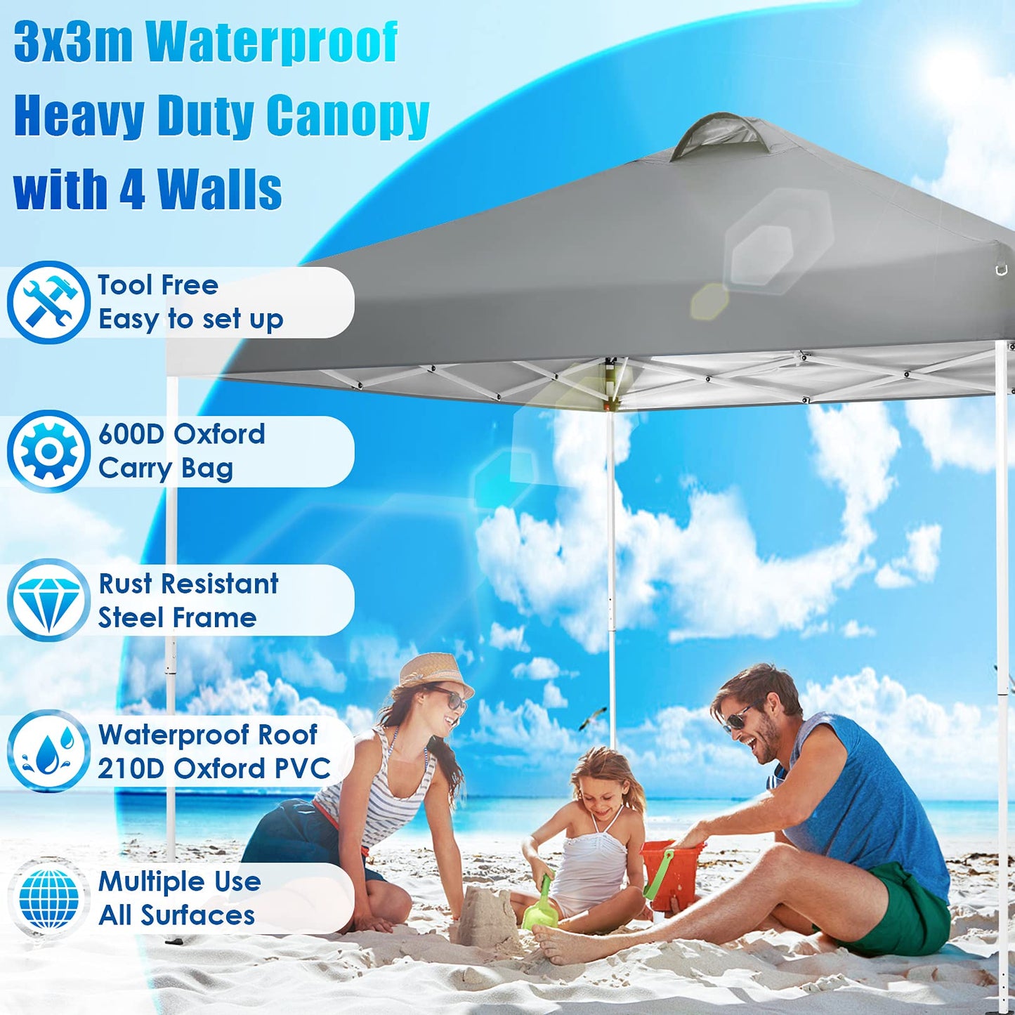 COBIZI Canopy 10x10 Pop Up Canopy Tent with 4 Sidewalls, One Push Party Tents for Parties Outdoor Wedding Waterproof Gazebo Commercial Event Tent with Sandbags, Pigeon Grey