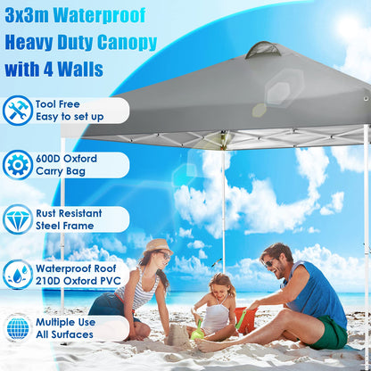 COBIZI Canopy 10x10 Pop Up Canopy Tent with 4 Sidewalls, One Push Party Tents for Parties Outdoor Wedding Waterproof Gazebo Commercial Event Tent with Sandbags, Pigeon Grey
