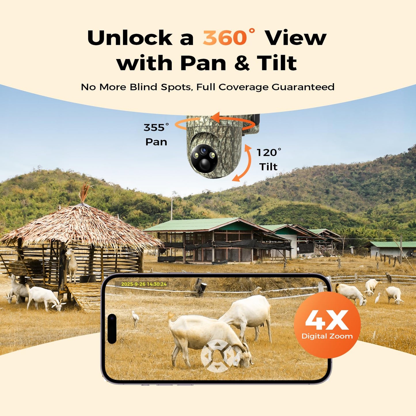 TKENPRO 4G LTE Cellular Trail Cameras, 360° View Live Streaming Game Camera Built-in SIM Card with PIR Motion Activated, 2K Night Vision, No WiFi Needed IP65 Solar Security Camera Camo Print-2 Pack