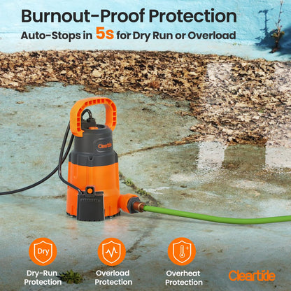 Cleartide 1/3 HP Submersible Utility Pump, 2790 GPH High Flow, Portable Sump Pump with Auto Water Sensor, Ideal for Pool, Flooded Basement, Hot Tub, Pond and Garden Draining