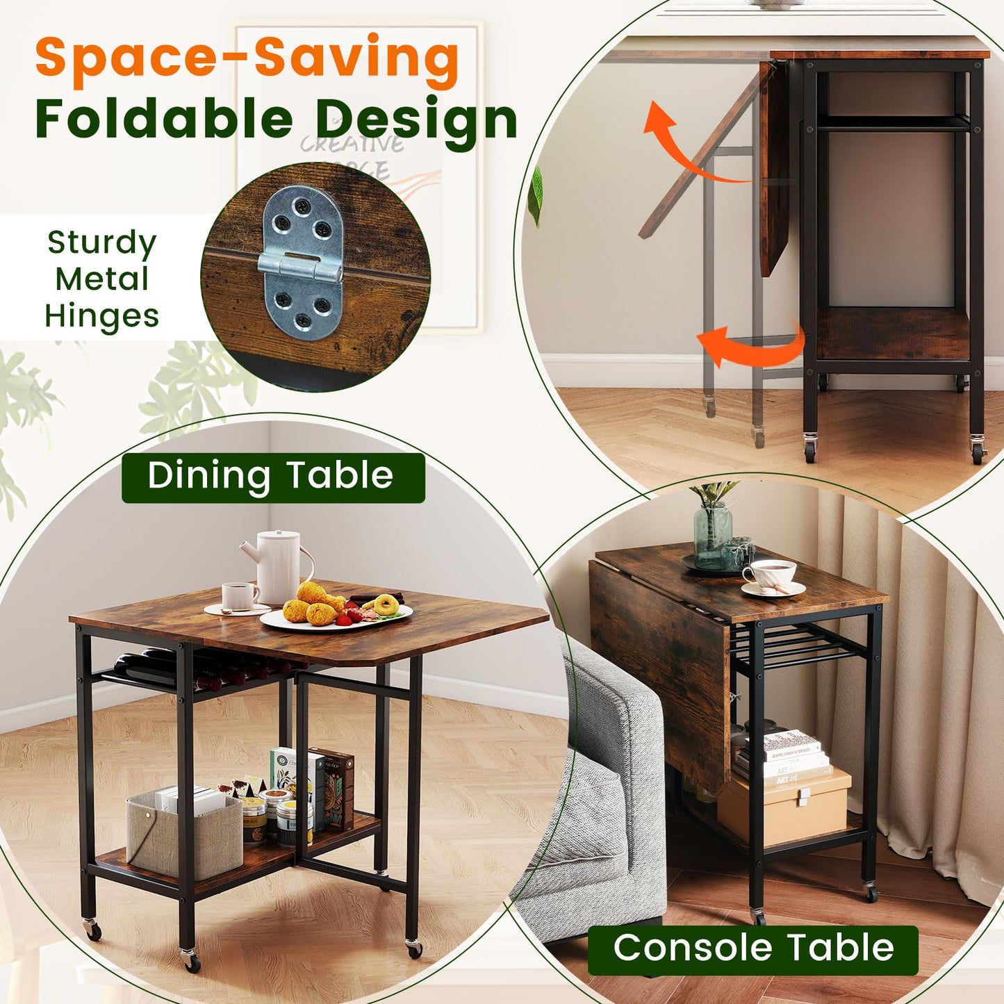 Giantex Folding Dining Table with 5 Wheels, Extendable Bar Tables with Wine Rack and Storage Shelf, Heavy-Duty Metal Frame, Space-Saving Kitchen Table for Small Spaces, Living Room, Apartment, Office