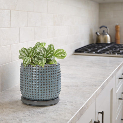 D'vine Dev 4 Inch Ceramic Beaded Stoneware Planter Pot - Flower Pot with Drainage Holes and Saucers for Indoor Succulent Plants or Flowers, Graphite Blue, 27-C-Z-9