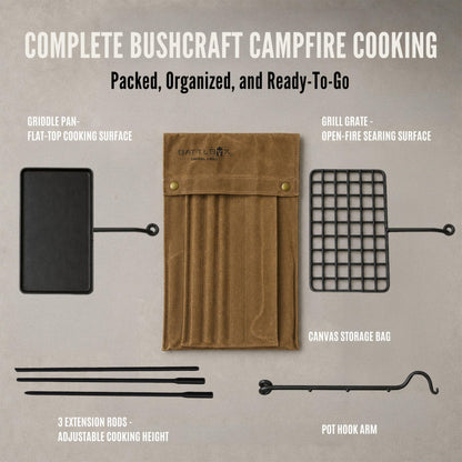 BATTLBOX Bushcraft Grill Set, Steel Campfire Cooking Grate Swivel Grill For Outdoor BBQ Open Fire, Packable Campfire Cook Set, Heavy Duty Open Fire Swivel Camping Cooktop, Canvas Bag