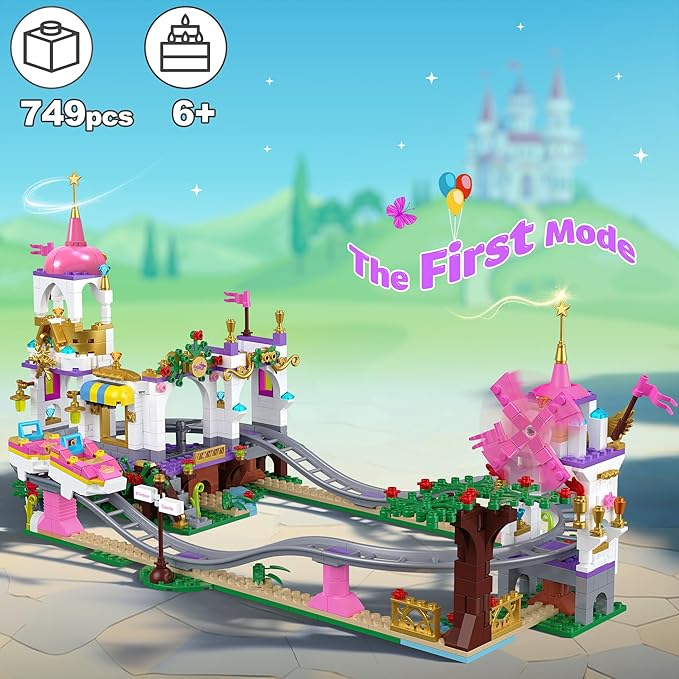 Castle Roller Coaster Building Set STEM Amusement Park Construction Kit for Kids Creative Pink Playground Blocks Birthday for Girls Boys Ages 6-12 (749Pcs)
