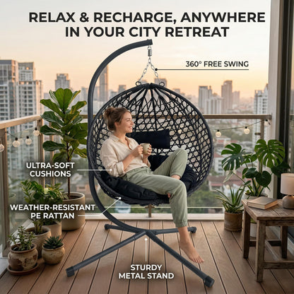 KEIKI Hanging Egg Chair with Stand, Patio Hammock Swing Chair with Cushion, Patio Swing Basket Chair for Balcony, Backyard, Garden, Black