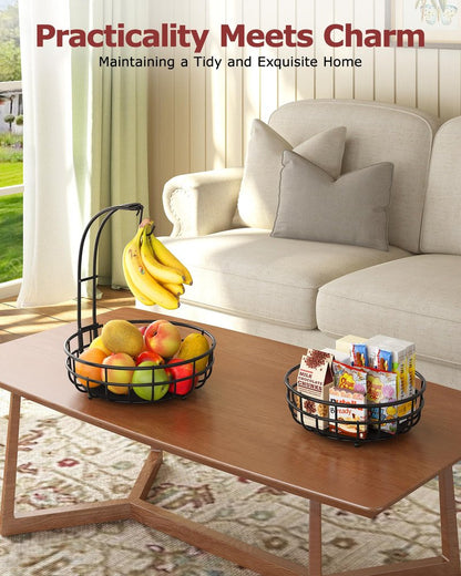 Sevenblue 2 Tier Large Fruit Basket for Kitchen Counter with Removable Banana Hanger - Sturdy Iron Fruit Bowl for Kitchen Counter and Vegetable Holder, Fruit Holder for Kitchen Countertop, Black