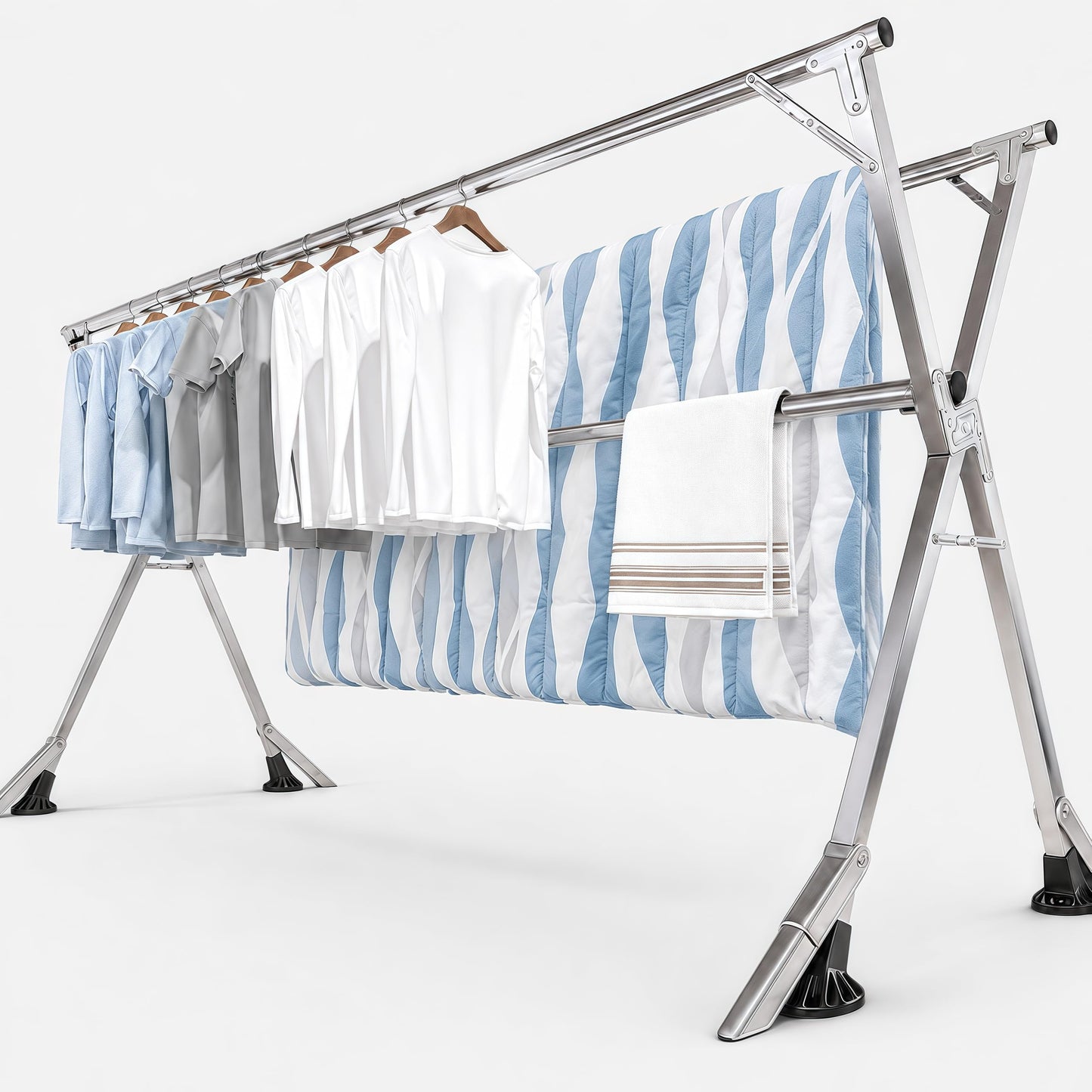 ANJIYP 95 Inch Windproof Clothes Drying Rack, Heavy Duty Stainless Steel Folding Laundry Drying Rack for Indoor Outdoor Use, Collapsible Clothes Rack with 20 Hooks & 12 Clips