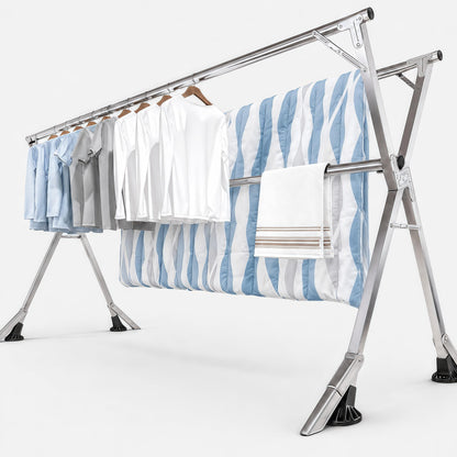 ANJIYP 95 Inch Windproof Clothes Drying Rack, Heavy Duty Stainless Steel Folding Laundry Drying Rack for Indoor Outdoor Use, Collapsible Clothes Rack with 20 Hooks & 12 Clips