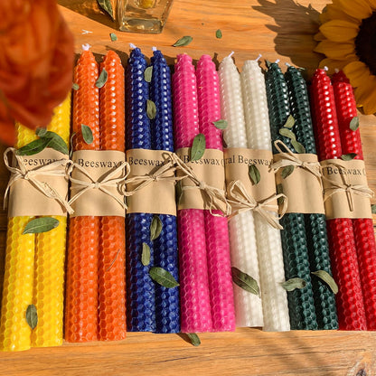 14 Pack Beeswax Taper Candles, Handmade Bees Wax Candle for Home, Dripless & Unscented Candle Sticks, 9" Tall, Rainbow Colored Candles by Kissingfish