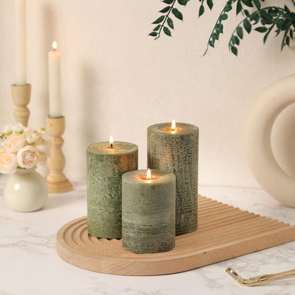Moss Green Pillar Candles Set of 3 - Hand-Poured Unscented Candles,Smokeless Dripless Candles for Dinner Table and Home, Set of 3 in Different Sizes (3"x4", 3"x5", 3"x6")