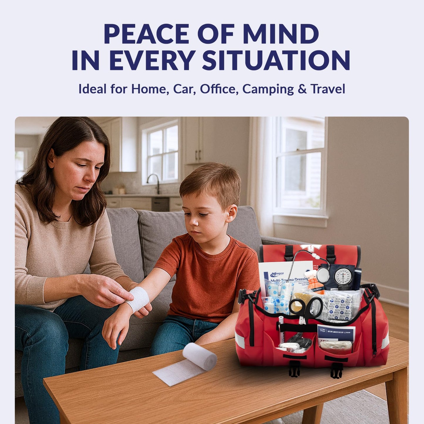 MFASCO Complete Emergency Response First Aid Kit Trauma Bag - 415 Piece Fully Stocked Supplies for Disaster Preparedness | for Business, Schools, Organizations, Groups, Home Safety (Reflective - Red)