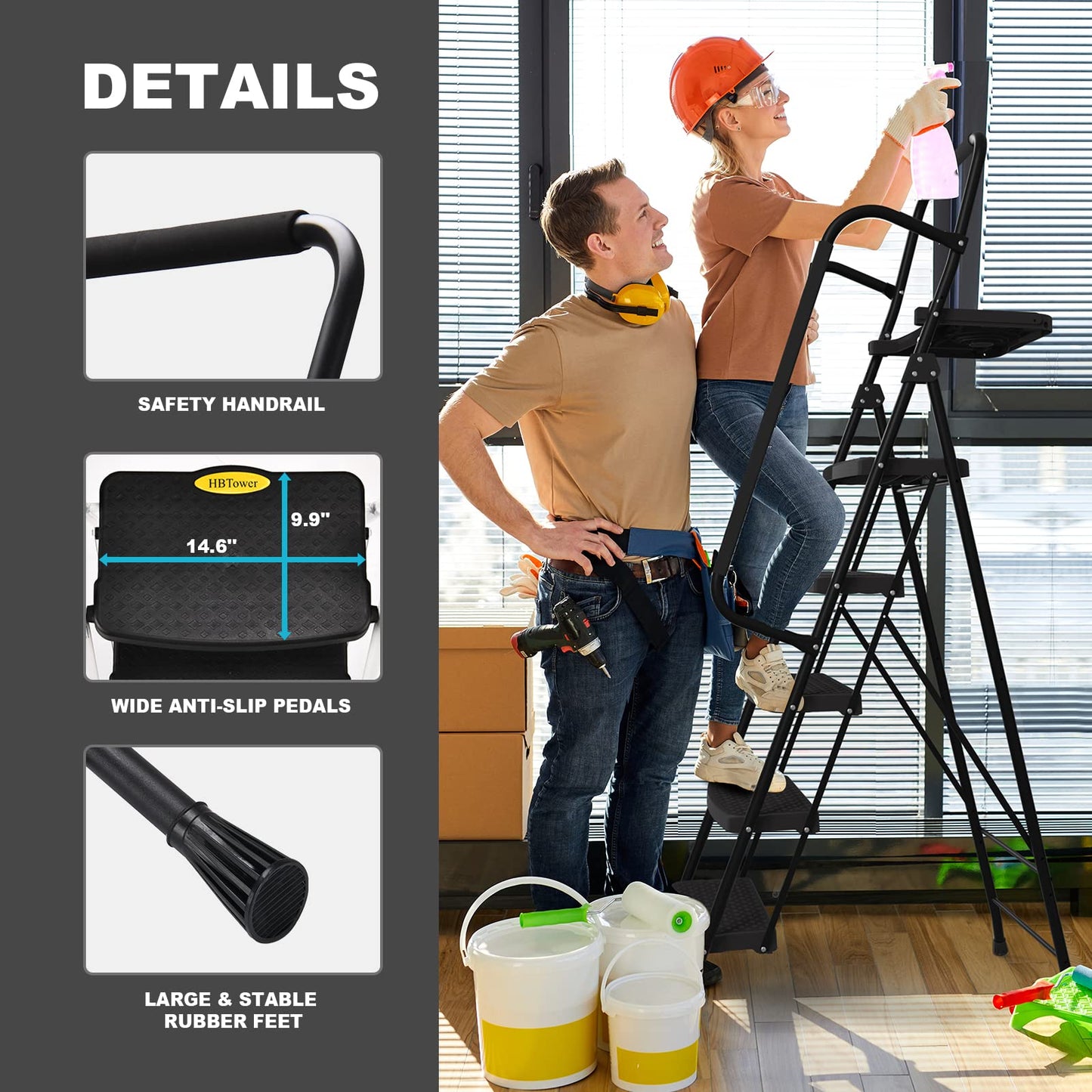 HBTower Step Ladder with Handrails, Folding Step Stool with Attachable Tool Bag & Anti-Slip Wide Pedal for Home Kitchen Pantry Office, Black