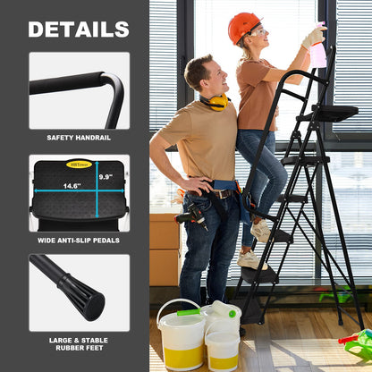 HBTower Step Ladder with Handrails, Folding Step Stool with Attachable Tool Bag & Anti-Slip Wide Pedal for Home Kitchen Pantry Office, Black