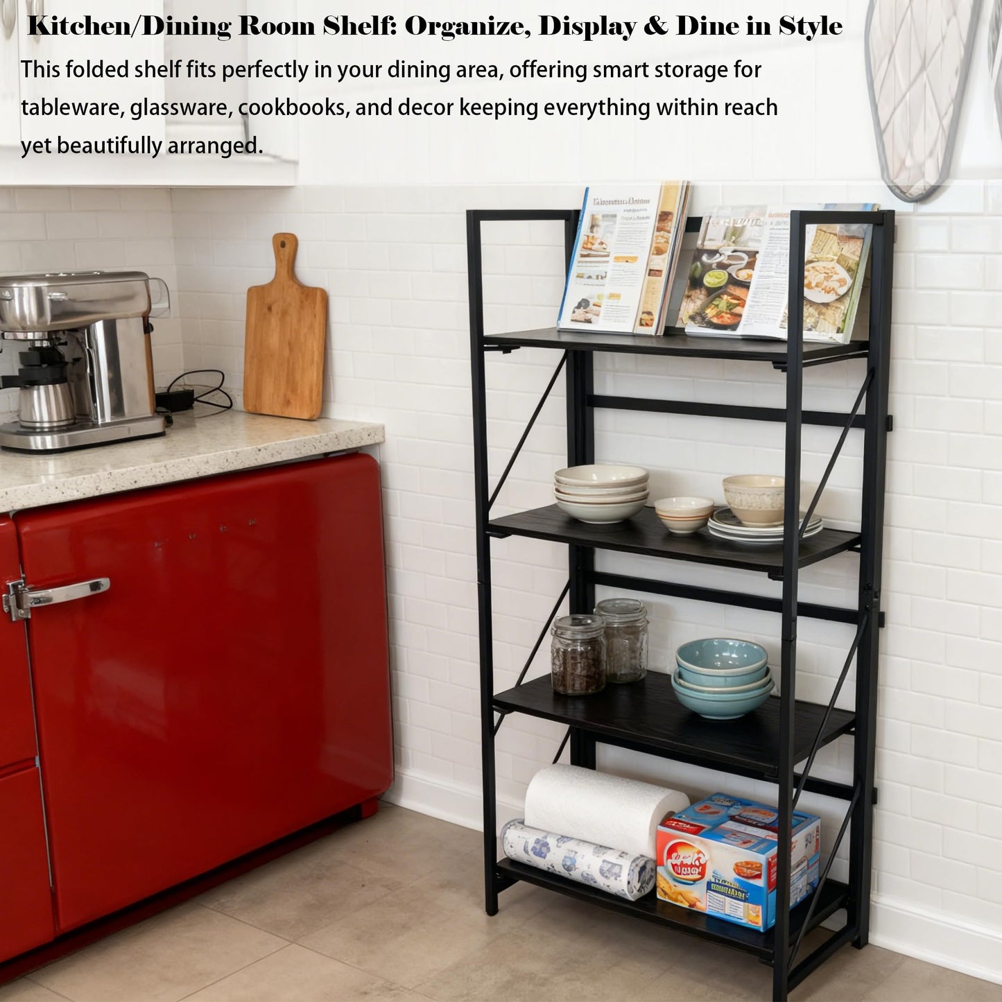 Kogven Folding Bookshelf, 2-in-1 Convertible Design, Multifunctional Plant Stand Storage Rack Shelves for Home Office, Easy Assembly, 4-Tier,Black