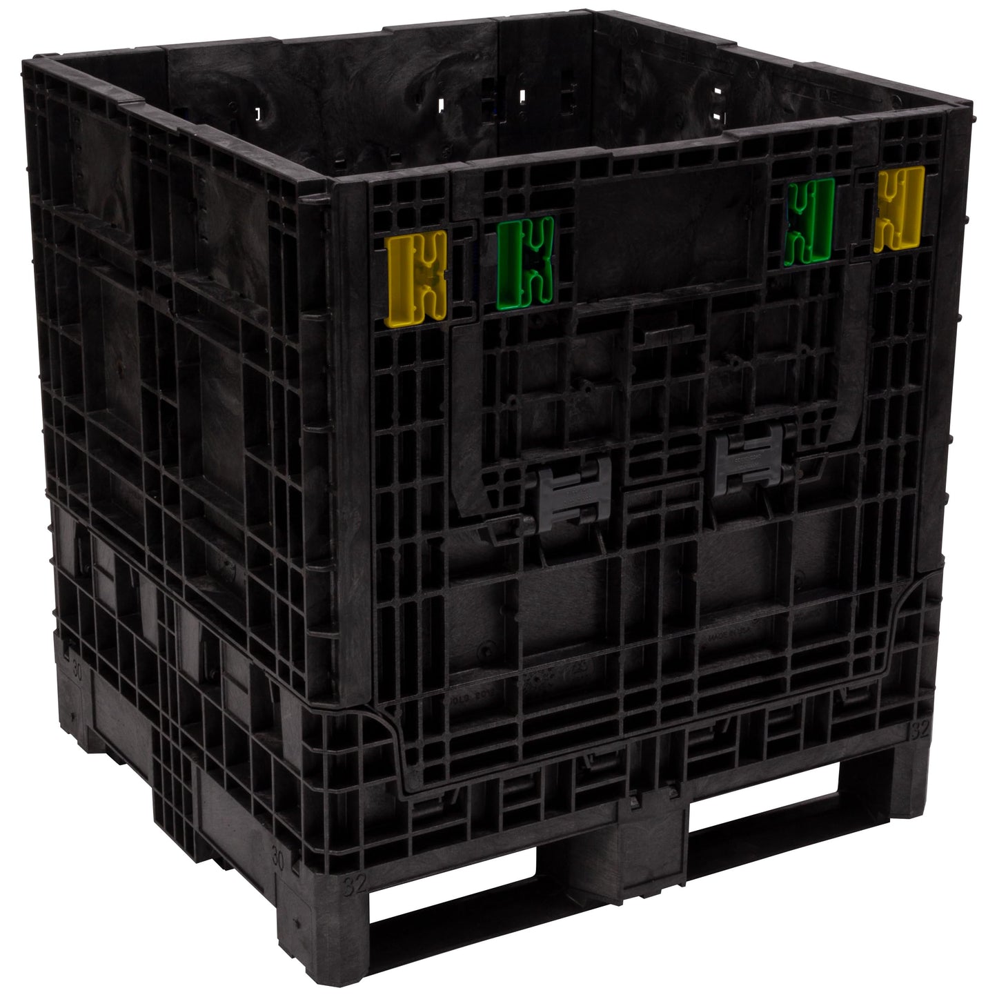 Buckhorn 32" x 30" x 34" Collapsible Bulk Box Container, Standard Duty Plastic Stacking Gaylord Box with 4-Way Forklift Access and 2 Drop Doors, 1700 lb Capacity Storage Tote, Black (BN32303420)