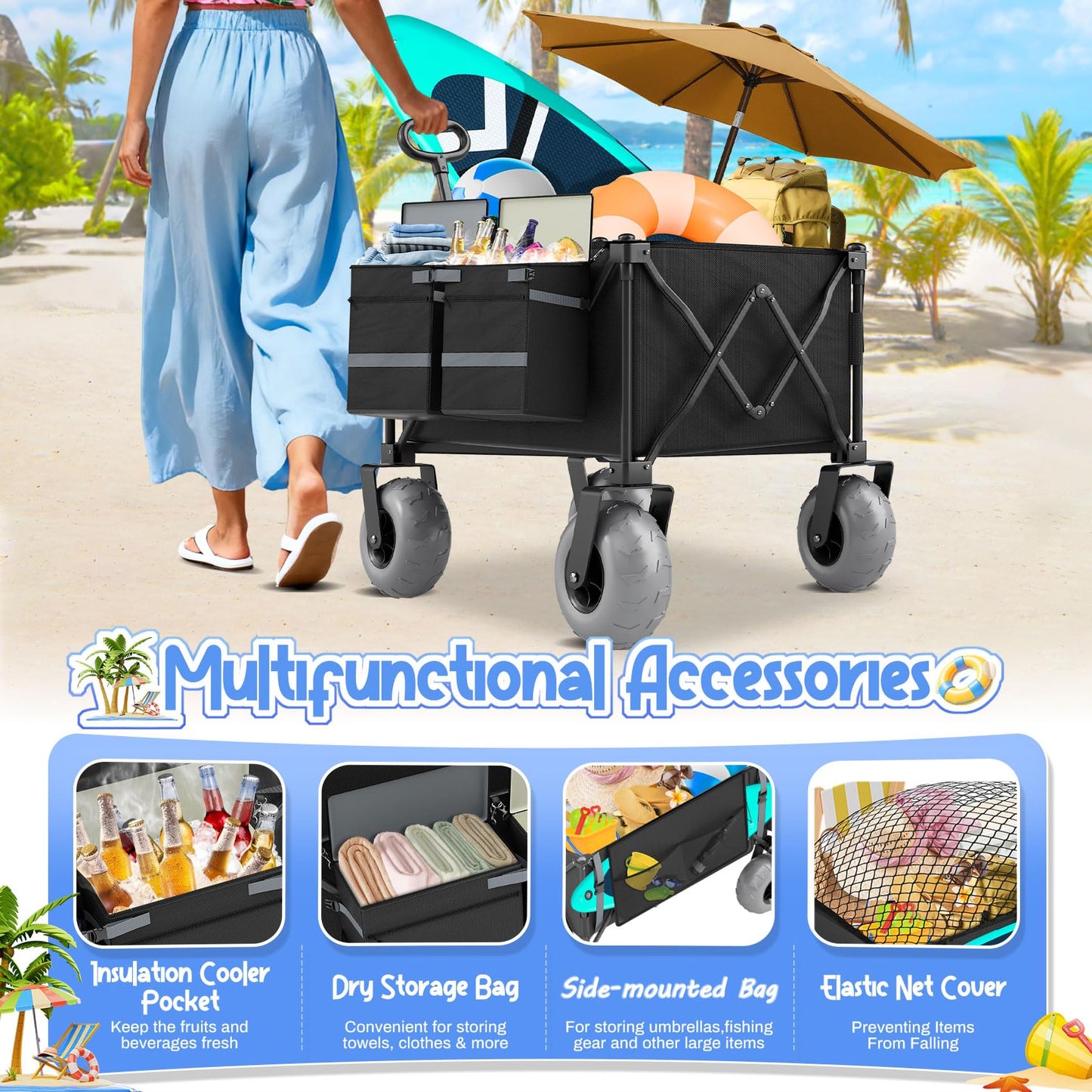 Beach Wagon with Big Wheels for Sand Heavy Duty Collapsible Wagon with 9" All Terrain Inflatable Tires, Foldable Beach Cart for Camping Outdoor Grocery Shopping Garden Sports