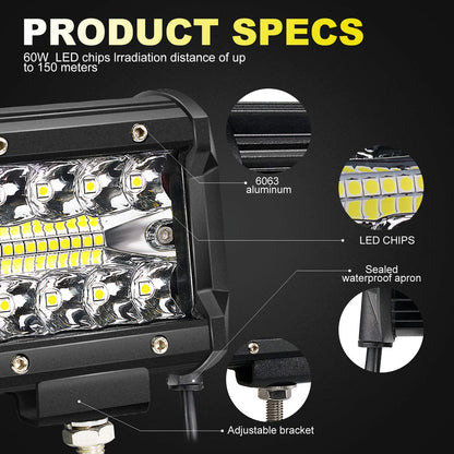 LED Light Bar TURBO SII 40/42 Inch 576W Curved Triple Row Flood Spot Combo Beam Offroad Driving Light + 4 Inch 60W Led Pod Lights w/3-Leads Wiring Harness for Trucks ATV UTV Polaris Boats