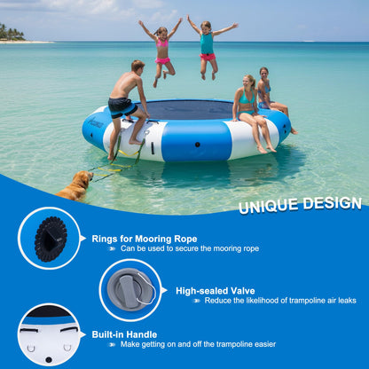 ACOMUZI Inflatable Water Trampoline for Lake Pool Ocean, 10FT/12FT/15FT Heavy Duty Floating Bounce Swim Platform with Ladder & Ropes, Inflatable Floating Dock for Family (NO Pump)