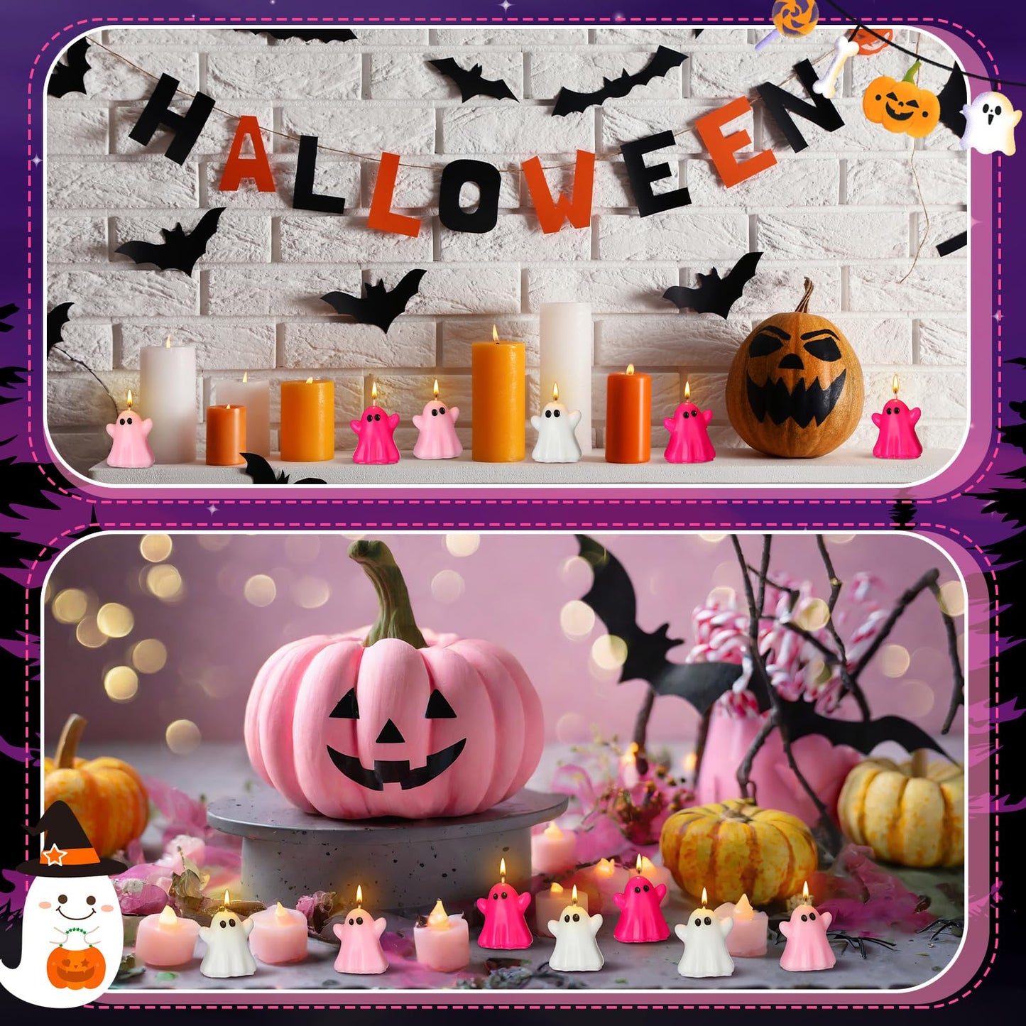 DoubleFill 12 Pcs Pink Halloween Ghost Candles Cute Burning Unscented Wax Candles Hot Pink Ghost Spooky Decor for Halloween Holidays Party Bedroom Table Decorations