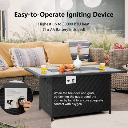 COSTWAY 52" Patio Propane Fire Pit Table, 50,000 BTU Outdoor Fire Table, Electric Pulse Ignition, Marble Tabletop & Weatherproof Rattan, Protective Cover Included, Perfect for Backyard, Poolside