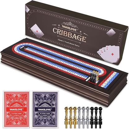 VAMSLOVE 16'' Cribbage Board Game Set Wooden 3-Track Scoreboard with Large Slots for Storing 2 Playing Cards and 9 Metal Pegs Travel Family Game Night (Instruction Included)