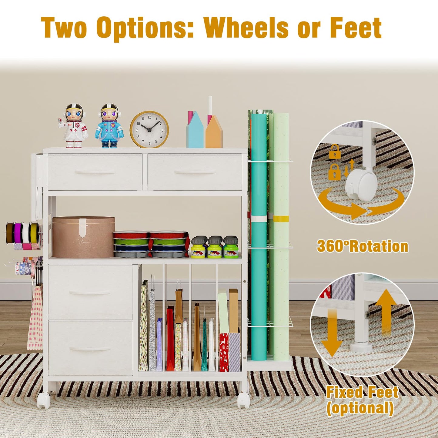 Wrapping Paper Storage Cart with Foldable Table, 3 Tier Gift Wrap Organizer with Drawers, Holds 8 Rolls, 8 Slap Bands, Rolling Craft Storage Station for Ribbons Gift Bags Supplies (White)