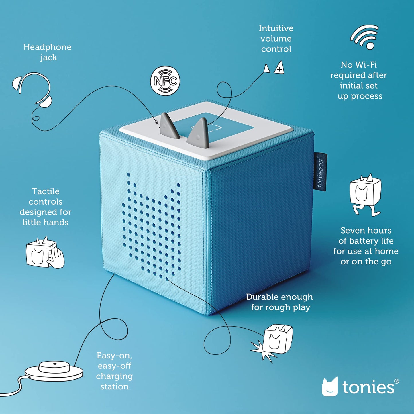 Toniebox Audio Player Disney Starter Set Bundle with Woody, Lightning McQueen, Simba, Winnie-The-Pooh, and Playtime Puppy - Listen, Learn, and Play with One Huggable Little Box - Light Blue