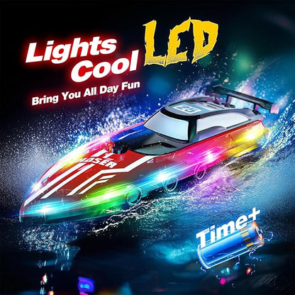 RC Boat for Kids with LED Lights 2.4Ghz Remote Control Racing Boats for 8-12Toy Water Boat for Pools &amp Lakes with WaterproofRechargeable Battery for Boys Girls RED