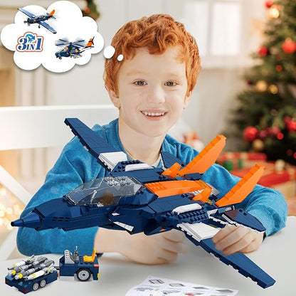 HOGOKIDS 3 in 1 Fighter Jet Plane Building Sets Military Propeller Aircraft Gunship Building Toys with Vehicle/Rocket Launcher/Speedboat Model Toys Birthday Gift for Kids Boys and Girls 10+ 738PCS