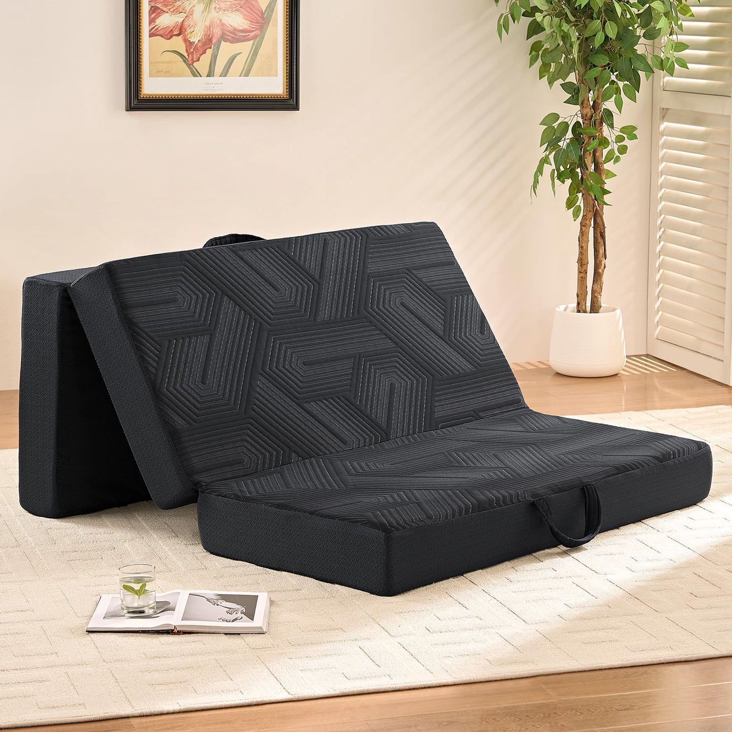 Housiney Memory Foam Foldable Mattress, 4 Inch Trifold Mattresses Full, Mattress Topper, Washable Cover, Handles, Non-Slip Bottom for Guest Bed, Yoga and Camping Mat, 73"x 52" x 4", Black