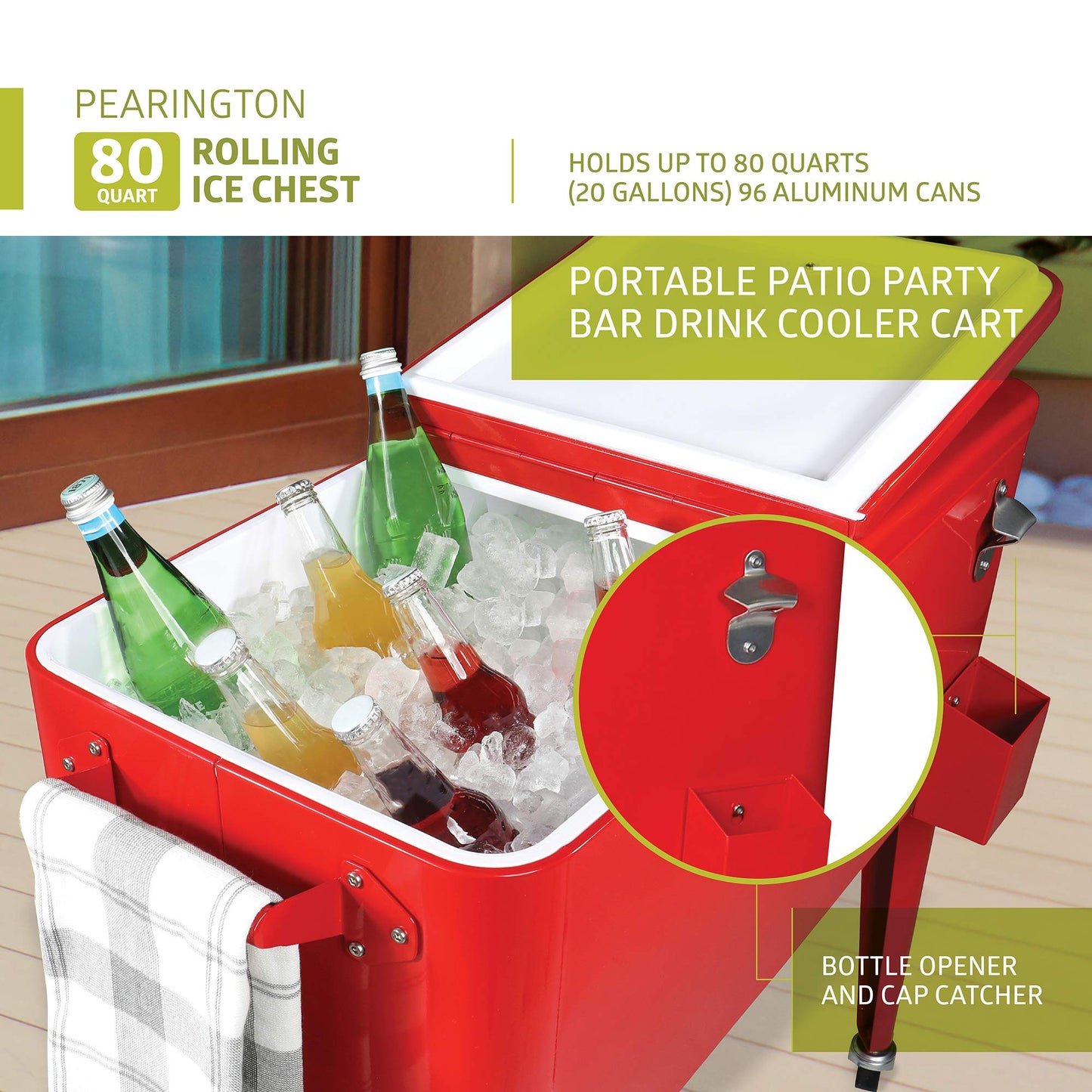 Pearington 80 Quart Rolling Ice Chest, Portable Patio Party Bar Drink Cooler Cart, with Shelf, Beverage Pool with Bottle Opener, Red