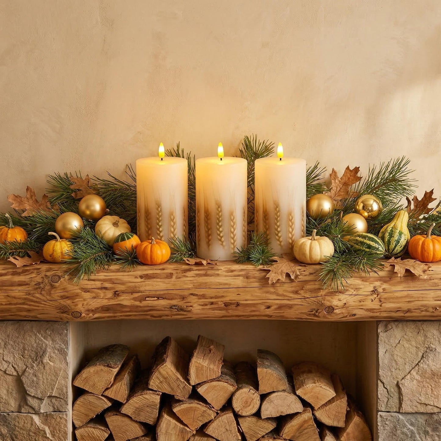 Remineux Flameless LED Candle with Embedded Natural Wheat, Battery-Operated Real Wax Pillar Candle, Flickering Flame Effect, Remote Control, Rustic Farmhouse Decor, Unscented, White (3.25 * 6in)