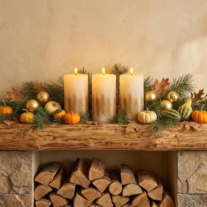 Remineux Flameless LED Candle with Embedded Natural Wheat, Battery-Operated Real Wax Pillar Candle, Flickering Flame Effect, Remote Control, Rustic Farmhouse Decor, Unscented, White (3.25 * 6in)
