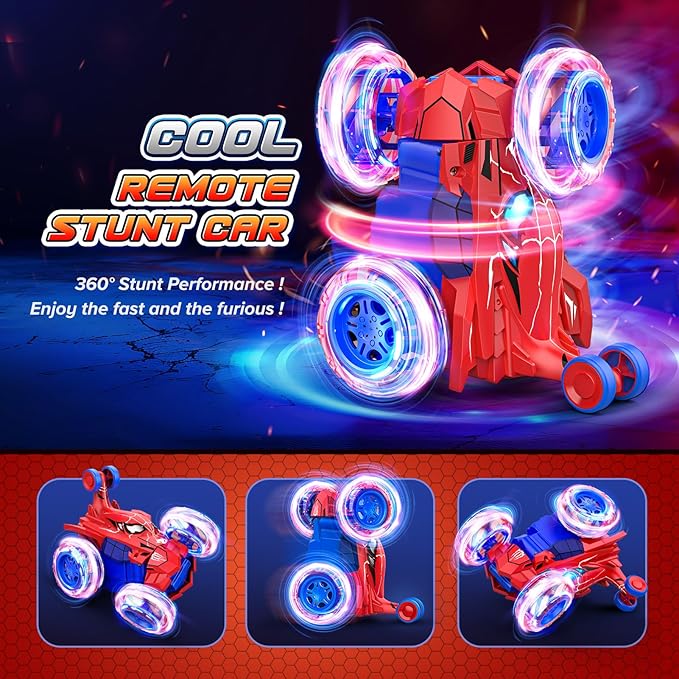 Spider remote control car rc cars toysCool rechargeable stunt rc car with 360 flips 4WD wheel with bright lightFun outdoor toys gifts for kids birthday or Chritmas age 4 5 6 7 8 9 10 11 12 years old
