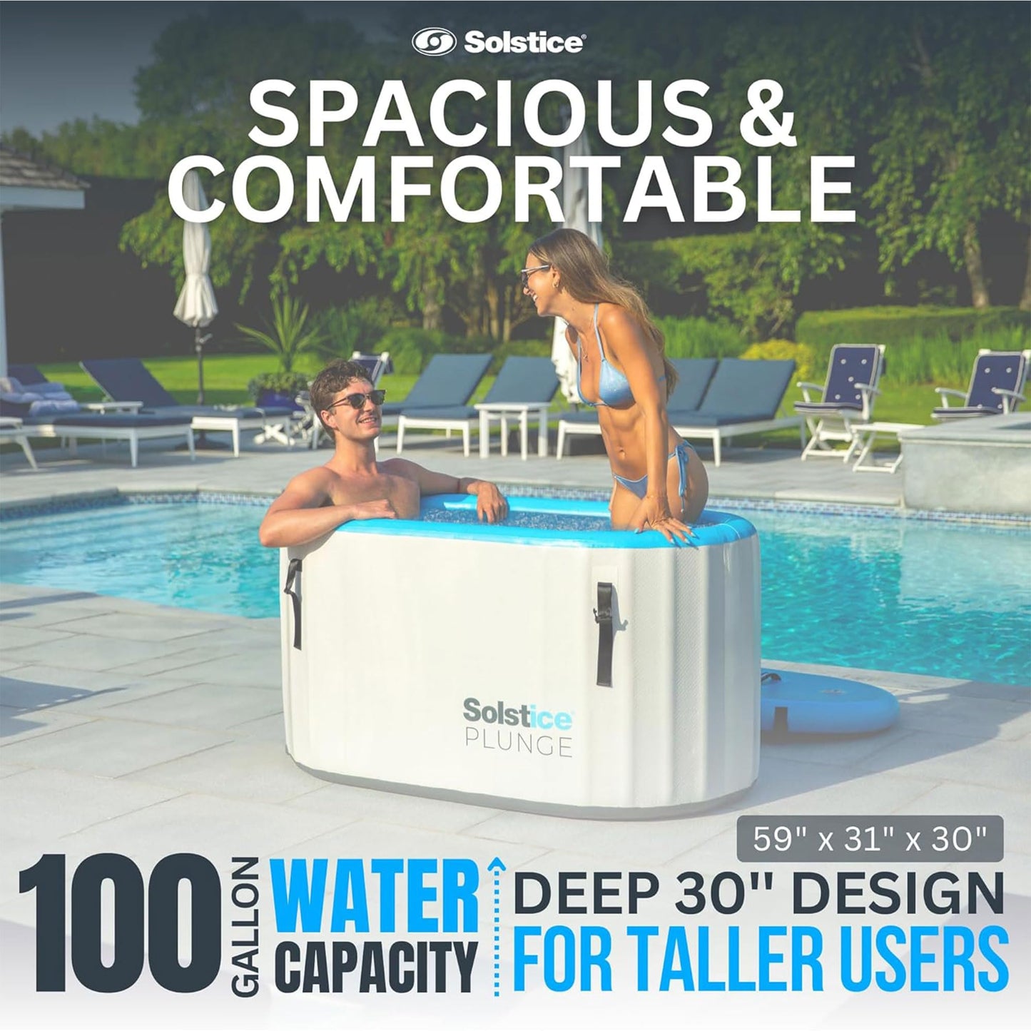 SOLSTICE 1-2 Person Cold Tub, Inflatable Plunge Bath w/Insulated Lid, 100-Gallon Capacity - Includes Pump, Spacious 30-Inch Deep Interior, Durable Drop-Stitch Construction