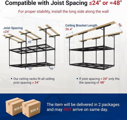 FLEXIMOUNTS 4x8 Overhead Garage Storage Rack - Adjustable Heavy-Duty Metal System | 1000 lbs Capacity, Black