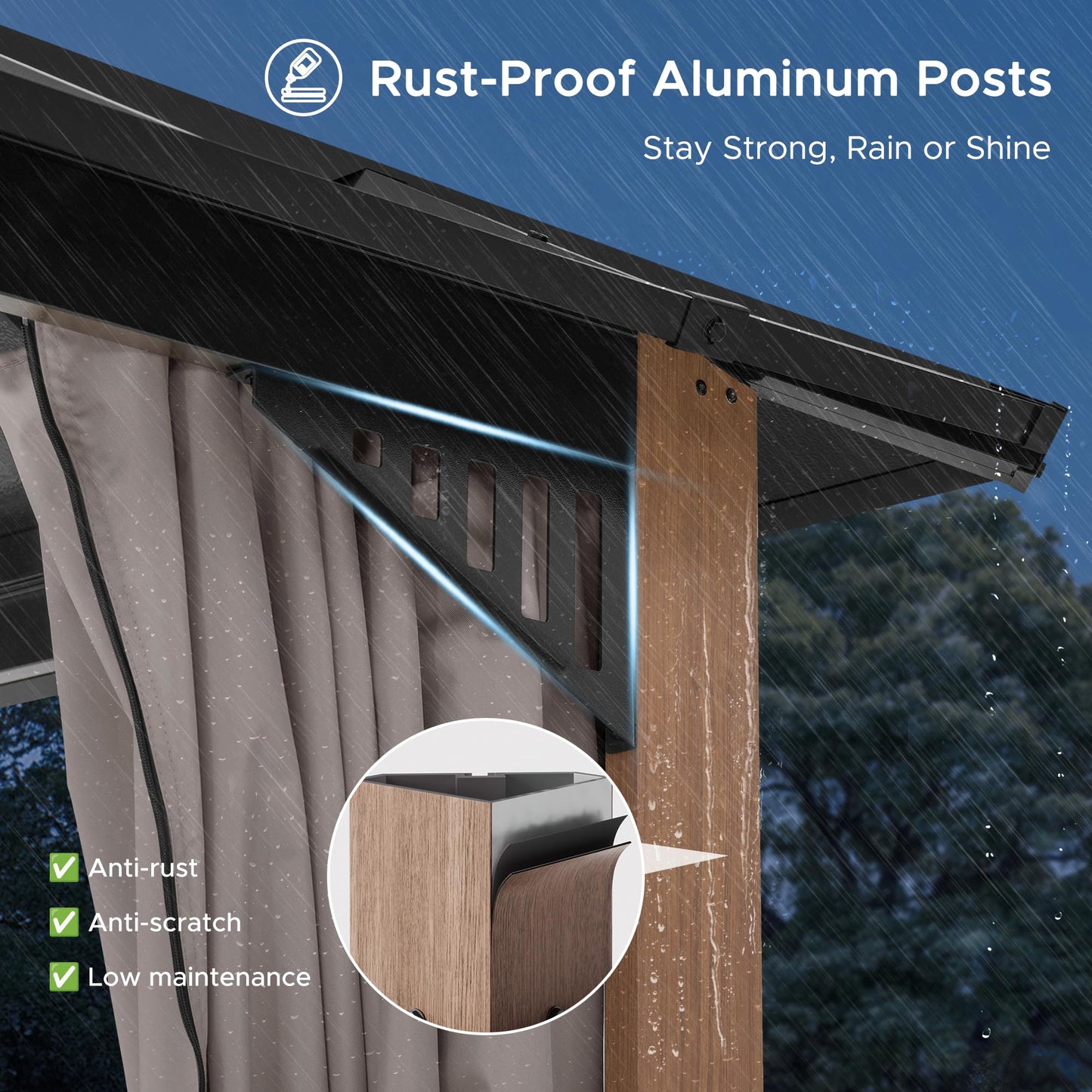SUNJOY Kingston 12' x 12' Hardtop Gazebo with Galvanized Steel/Polycarbonate Double Roof, Curtain and Netting, Woodgrain Finish Aluminum Posts Permanent Pavilion Gazebo for Garden, Patio, Deck, Lawn