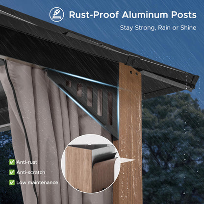 SUNJOY Kingston 12' x 12' Hardtop Gazebo with Galvanized Steel/Polycarbonate Double Roof, Curtain and Netting, Woodgrain Finish Aluminum Posts Permanent Pavilion Gazebo for Garden, Patio, Deck, Lawn