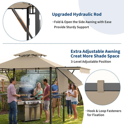 COZONY Double-Tier Grill Gazebo 13x4 ft – Heavy-Duty Steel Frame, Dual Side Awnings, Weather-Resistant Canopy, Shelves, LED Lights, Hooks, Bottle Opener – Outdoor BBQ Pavilion for Patio, Garden
