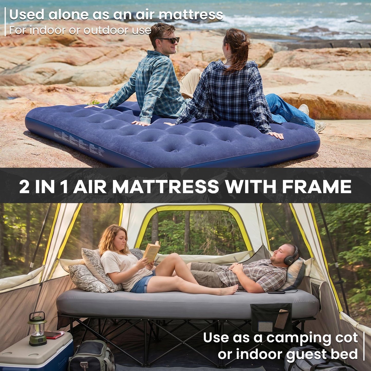 FUNDANGO Queen Camping Cot with Electric Pump, Inflatable Air Mattress Bed with Removable & Washable Cover, Folding Frame, Cup Holders, Carry Bag for Adults, Tent, Guest (80"x60")