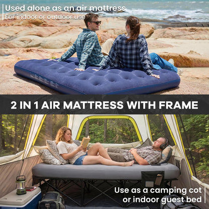 FUNDANGO Queen Camping Cot with Electric Pump, Inflatable Air Mattress Bed with Removable & Washable Cover, Folding Frame, Cup Holders, Carry Bag for Adults, Tent, Guest (80"x60")