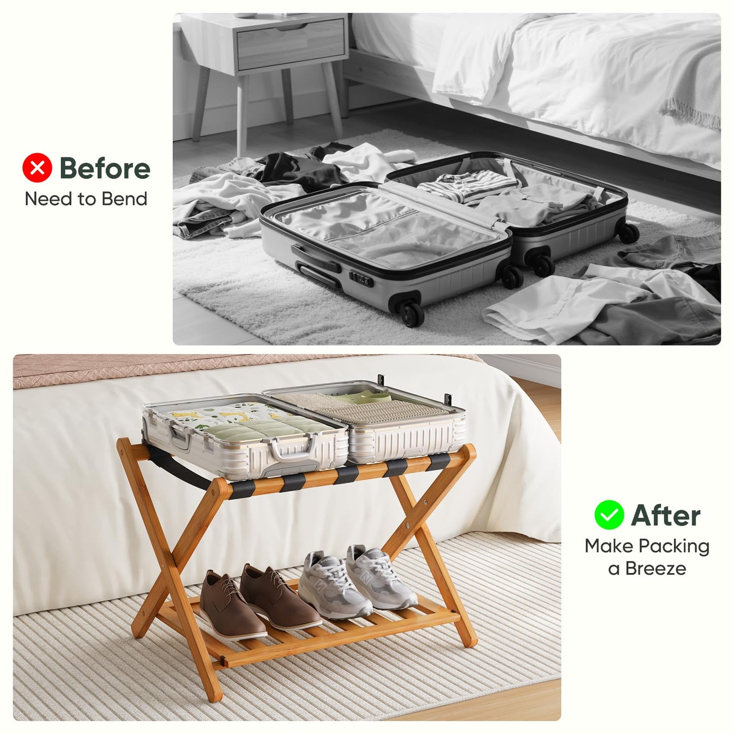 Smart FENDEE Pack of 2 Fully Assembled Bamboo Luggage Racks with Shoe Shelf, 5 Heavy-Duty Straps Folding Suitcase Stand, Luggage Holders for Guest Room Must Haves, Ideal for Bedroom, Hotel, Honey Oak