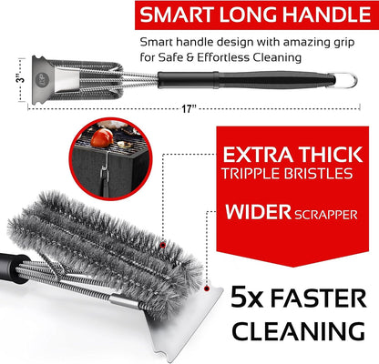 KITCHEN PERFECTION Grill Brush - Safe Wire BBQ Cleaner with Scraper & Mat | Extended Handle for Easy Cleaning