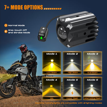 Future Eyes Motorcycle Fog Lights LED Kit, 60W White/Amber Driving Lights with High/Low Beam, CNC Aluminum Waterproof Auxiliary Light, Spot Headlight for Night Riding