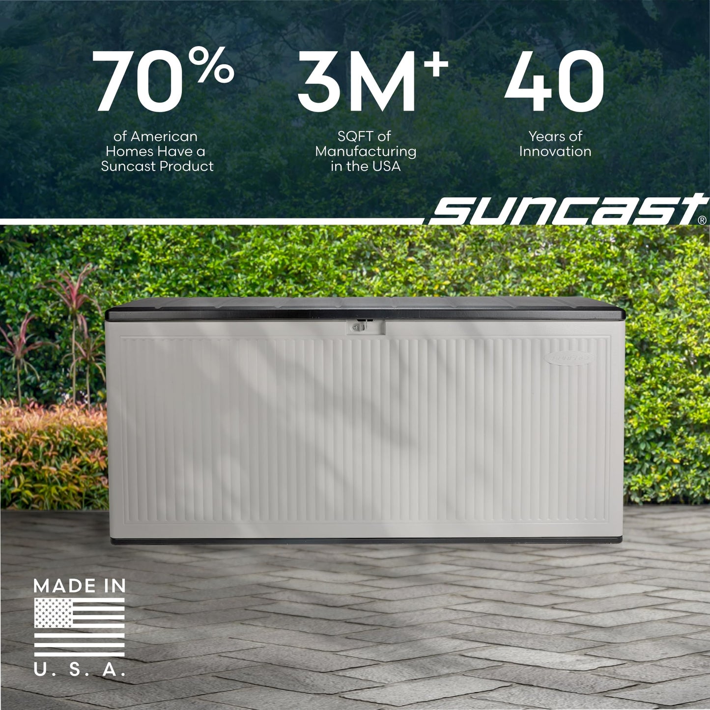 Suncast 160-Gal. Resin Extra-Large Outdoor Patio Deck Box with Pad-Lockable Lid, Modern Reeded Outdoor Patio Bench/Storage Box for Cushions, Garden Tools, and More, Iron Ore/French Gray