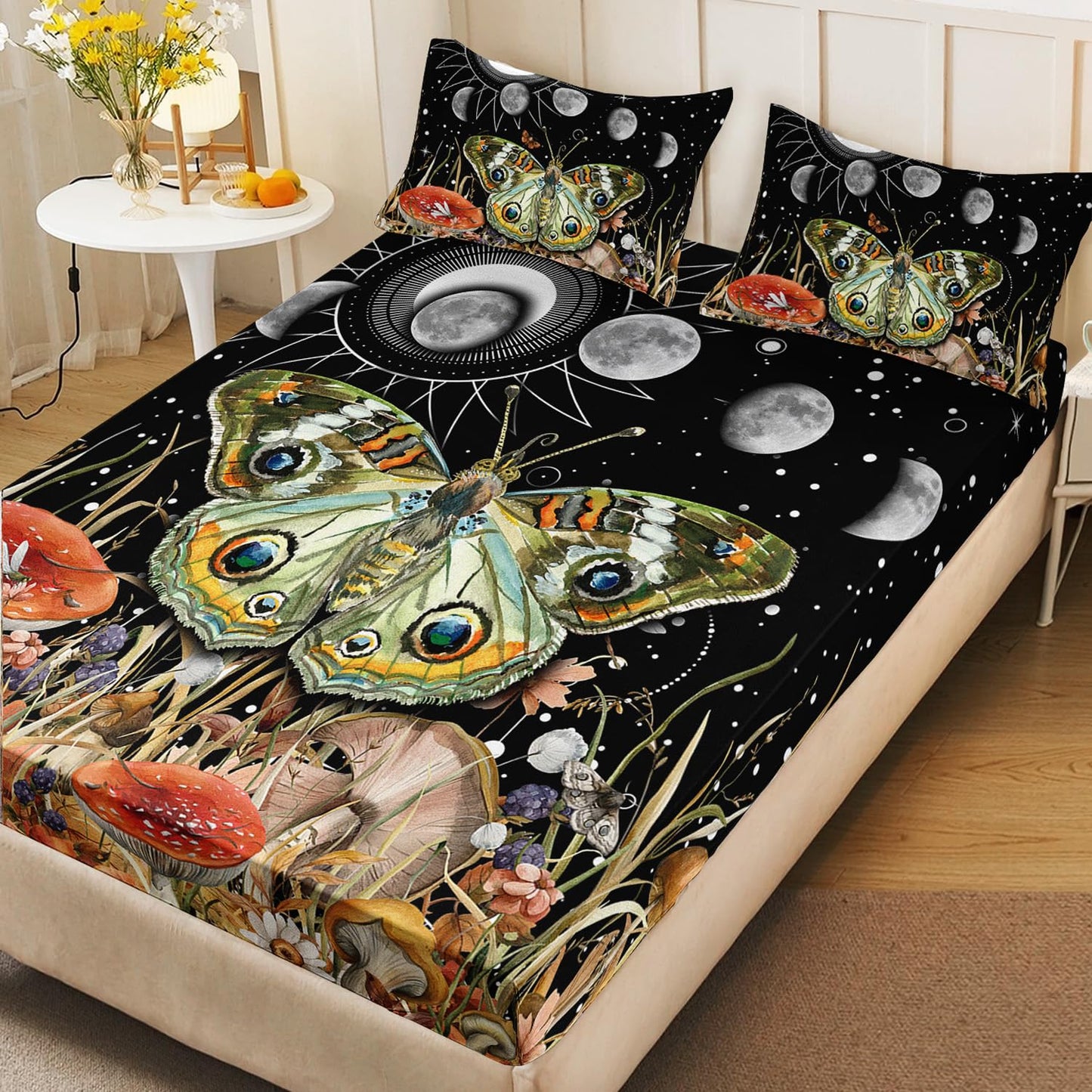 AILONEN Moth Fitted Sheet Set Twin Size,Sun and Moon Bedding Set for Kids Girls Boys,Boho Natural Mushroom Plants Bed Sheet Set,Starry Night Bedsheets Set,3 Pieces, 1 Fitted Sheet + 2 Pillowcases