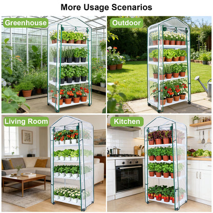 Mini Indoor Greenhouse, 4-Tier Portable Plant Greenhouse Cabinet with Wheels, Waterproof PVC Tent Cover for Indoor Outdoor Seed Starting, Plants, Flowers (Clear, 4 Tier)